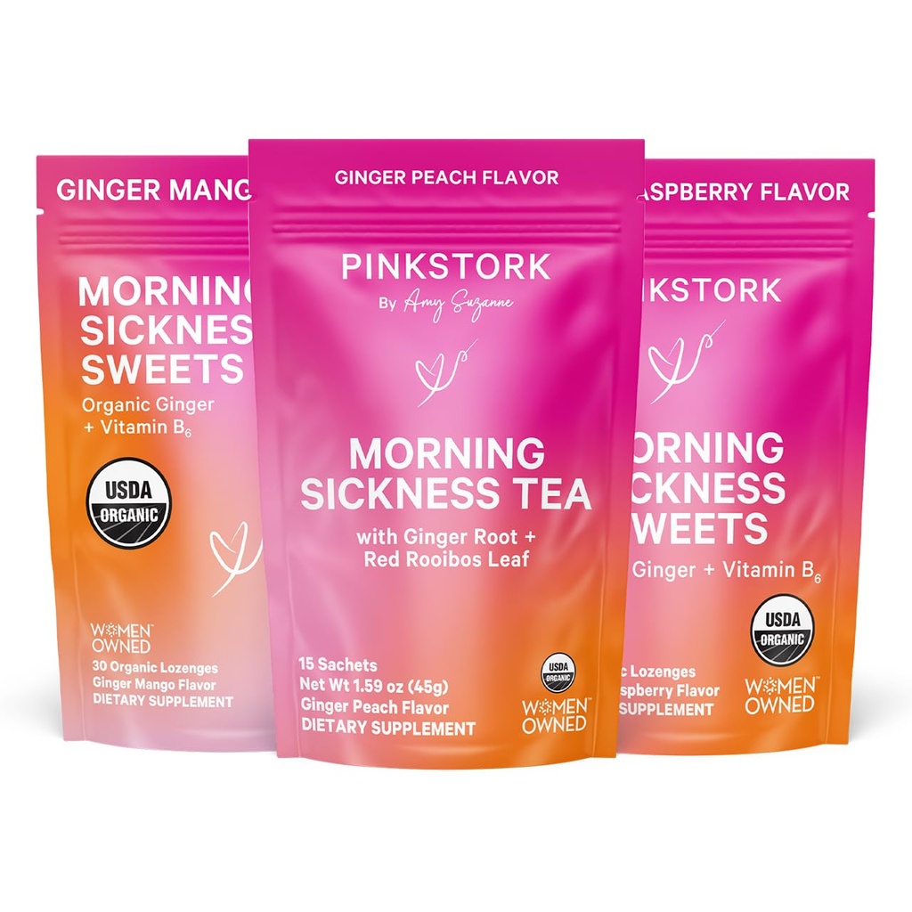 Pink Stork Morning Sygdom Relief Kit - 3-stykke Bundle med Organic Ingefær Peach Tea, B6 Sweets, Ginger Lozenges - Graviditet Support, Første Trimester Essentials, gave til gravide kvinder