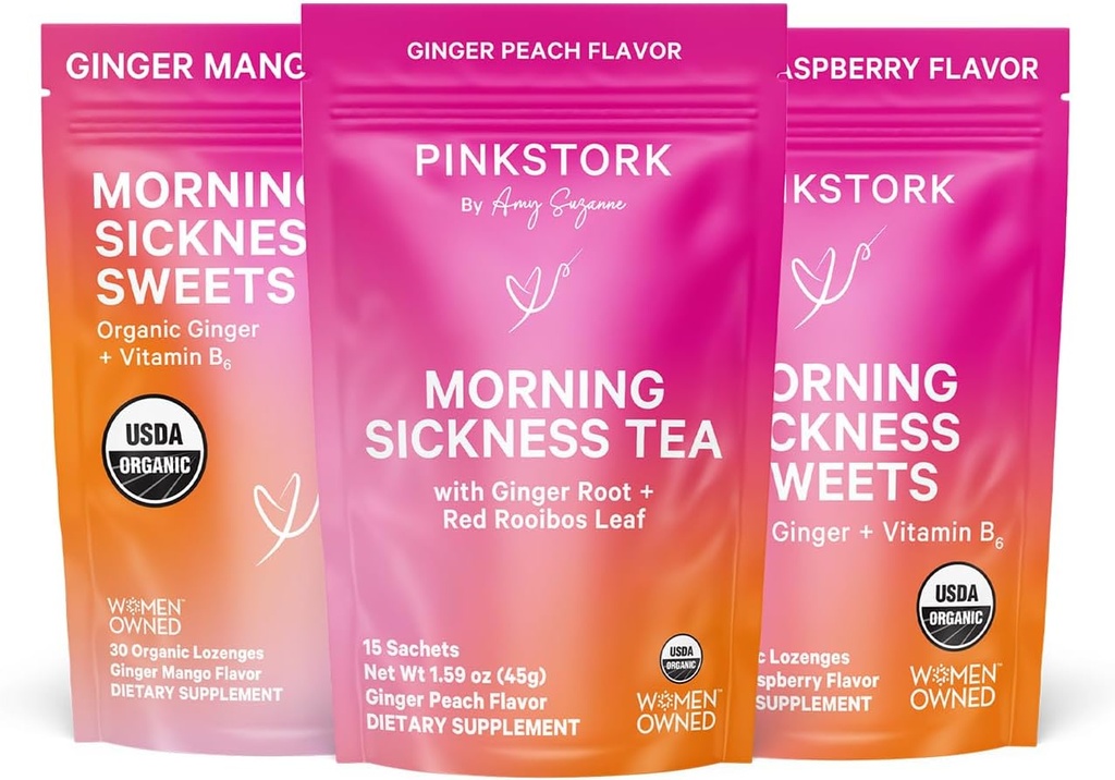 Pink Stork Morning Sygdom Relief Kit - 3-stykke Bundle med Organic Ingefær Peach Tea, B6 Sweets, Ginger Lozenges - Graviditet Support, Første Trimester Essentials, gave til gravide kvinder