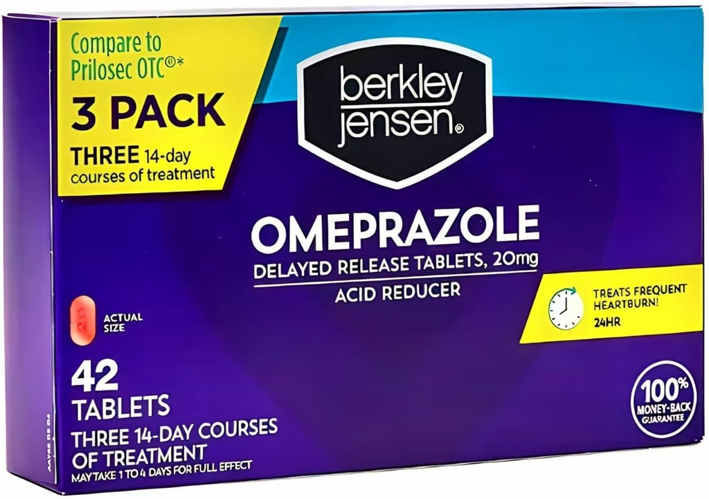 berkley jensen Omeprazol 20 mg Delayed Release Tablets - Heartburn Medicin - Acid Reducer Pills - Treates Hyppig Heartburn - 3 x 14 - Day Courses, 42 Greve Total (Pack of 1)