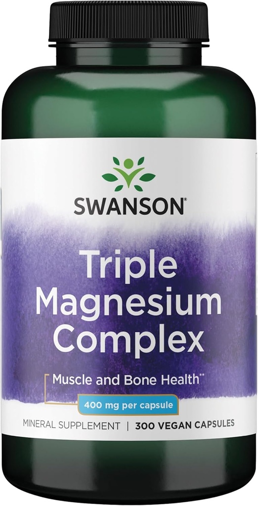 Swanson Triple Magnesium Complex - Magnesium supplement til hjerne, energi, ben, stress, muskel & søvn support * - Indeholder Magnesium aspartat, citrat & oxid - 300 Veganske kapsler