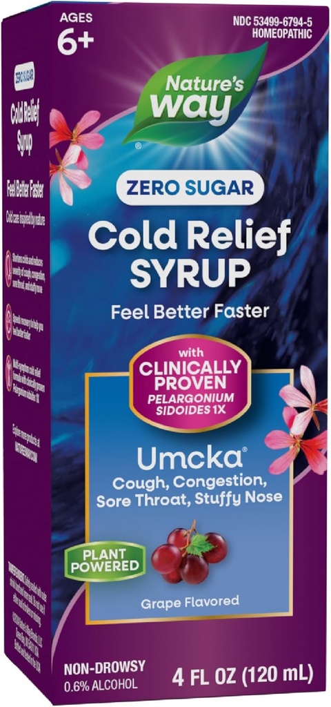 Nature 's Way Cold Relief Zero Sugar Syrup, Umcka, Homøopatisk, Shortens Colds, Shorehals, Hough, Congestion, and Stuffy Nose, Phenylephrine Free, Grape Flavored, 4 Fl Oz (Packaging May Vary)