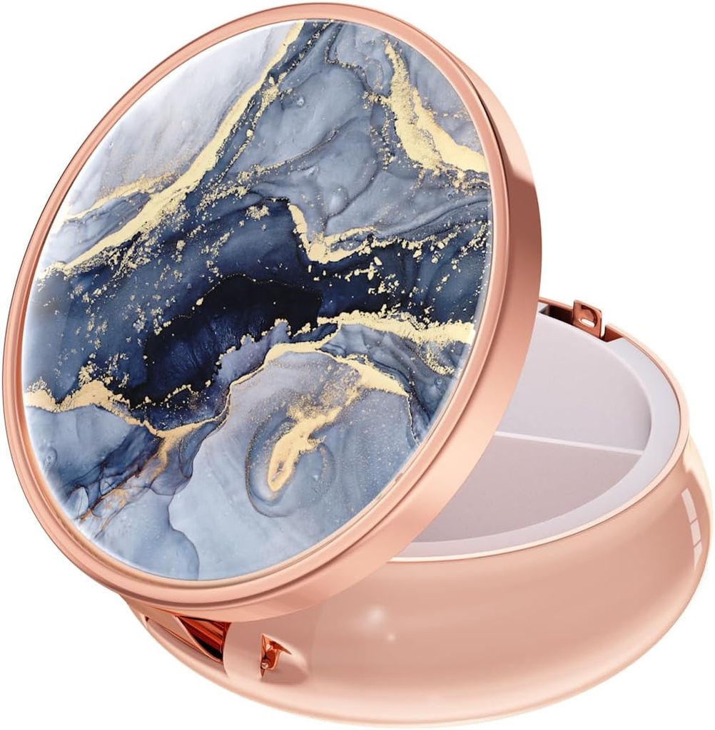 Rouidr Pill Box, 3 Segment Medicine Pill Case, Lille Metal Travel Medicine Box for purse & Pocket, Rose Gold, Dark Grey Marble
