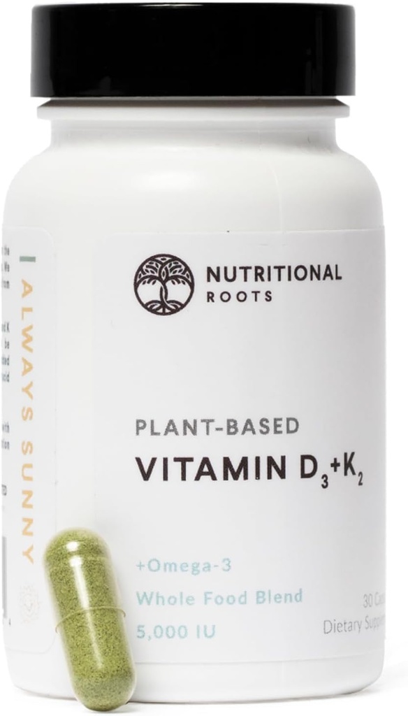 Nutritional Roots - Vitamin D3 & K2-5.000 iu - 1 Millioner CFU Probiotika - Algal Omega 3 DHA - immunforsvar - Kosttilskud - Vegansk formel - 1 måned Tilførsel - 30 kapsler