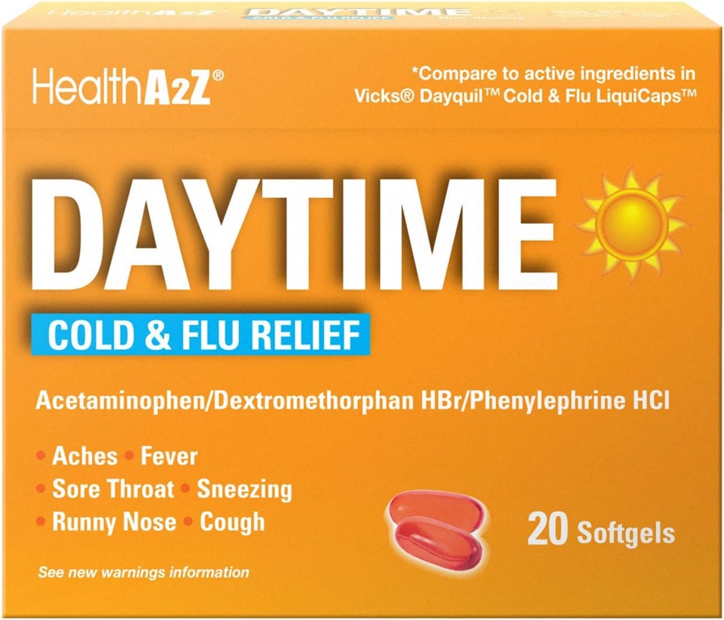 HealthA2Z ® Daytime against 124; Cold & Flu Medicine against Multisymptom Daytime (20 Softgels) (Daytime Cold & Flu Medicine (20 Count Pack of 1))