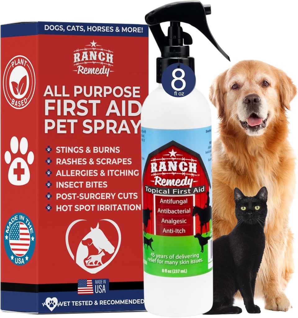 Sår Healing Aid & Itch Relief Spray til hunde, Katte, Heste, Sikker for alle dyr - Alle naturlige - Udslæt, Bider, Burns & Hot Spot Behandling - Hud Irritation & Allergier Solution (8oz)