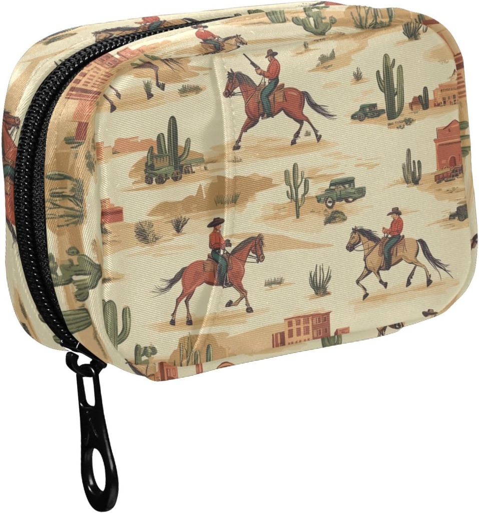 Fustylead Cowboy Riding Horse og Desert Cactus Pill Organizer til purse, Ugentlig Portable Pill Box med lynlås til opbevaring Vitaminer Fisk Olier Medicin Kosttilskud