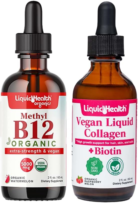 LIQUIDHealth Organic Methyl B12 5000mcg Vitamin Drops med Tart Cherry Juice & 100% Vegan Plant-baseret Collagen Plus Biotin Drops - Natural Energy Boost, Forbedre fokus, hår & negle vækst, hud sundhed