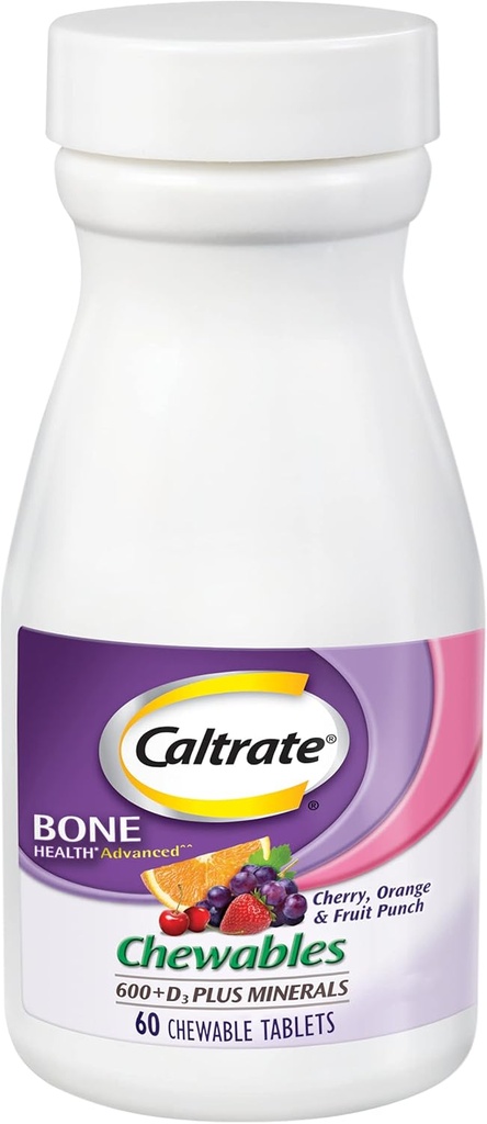 Caltrat Chewables 600 Plus D3 Plus mineraler Calciumvitamin D supplement, Cherry, Orange og frugt punch - 60 Greve