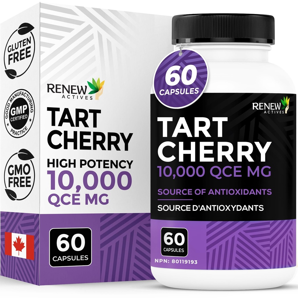 Renew Actives Tart Cherry Extra 500mg per 2 kapsler - Højpotens Antioxidant til Gratis Radikal Beskyttelse & Wellness - 60 Easy- to- Sluge kapsler - Made in Canada