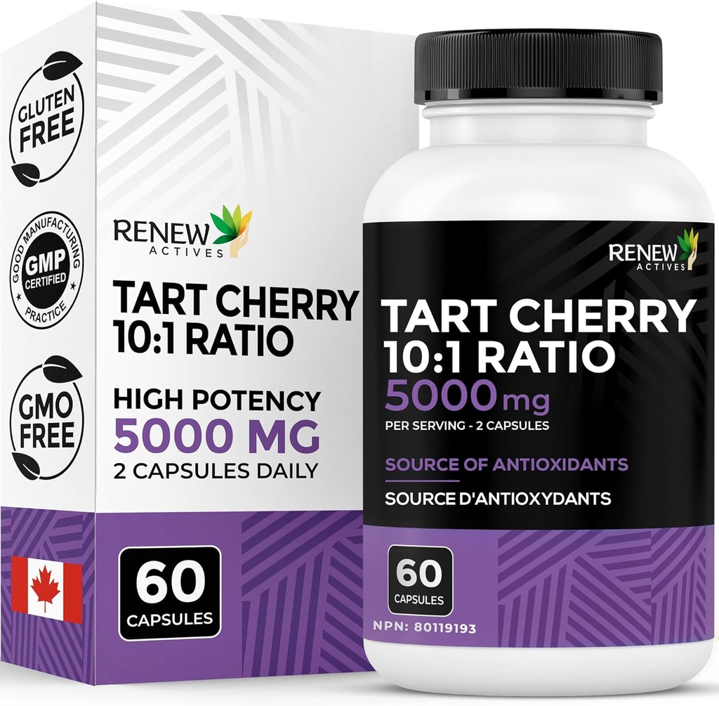 Renew Actives Tart Cherry Extra 500mg per 2 kapsler - Højpotens Antioxidant til Gratis Radikal Beskyttelse & Wellness - 60 Easy- to- Sluge kapsler - Made in Canada