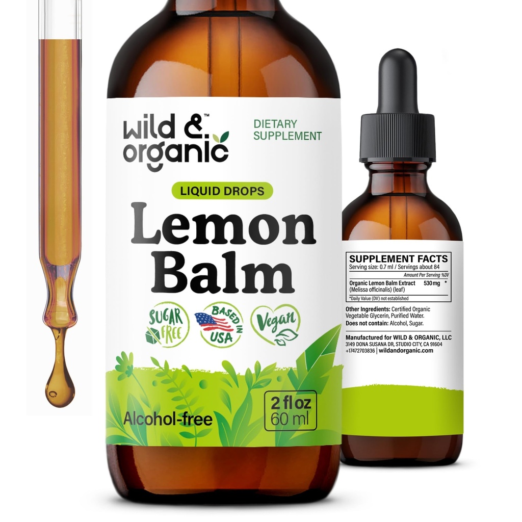 Wild & Organic Lemon Balm Drops - Afslappende Lemon Balm Leaf Extract Supplement - Calming Melissa Officinalis Tincture - Vegan, Sukker & Alkohol- Free - 2 fl oz