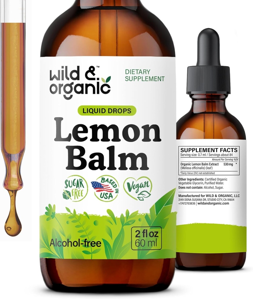 Wild & Organic Lemon Balm Drops - Afslappende Lemon Balm Leaf Extract Supplement - Calming Melissa Officinalis Tincture - Vegan, Sukker & Alkohol- Free - 2 fl oz