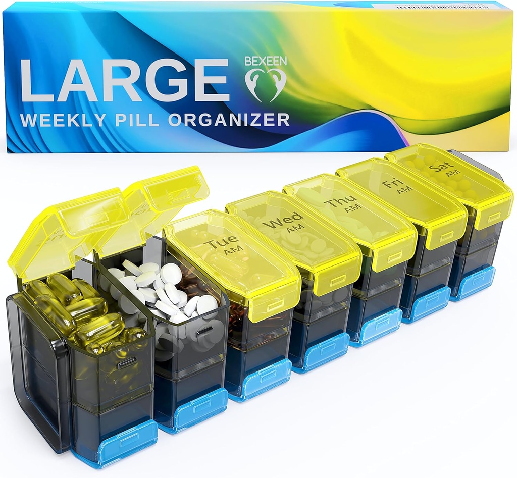 Ekstra Stor Pill Organizer 2 gange om dagen - XL Pill Box 7 Dag med Big AM / PM Compartments - Fits Large Vitaminer, Kosttilskud & Gummies, for 7 eller 14-dages brug, Color- Coded, senior- Friendly, Ingen spild