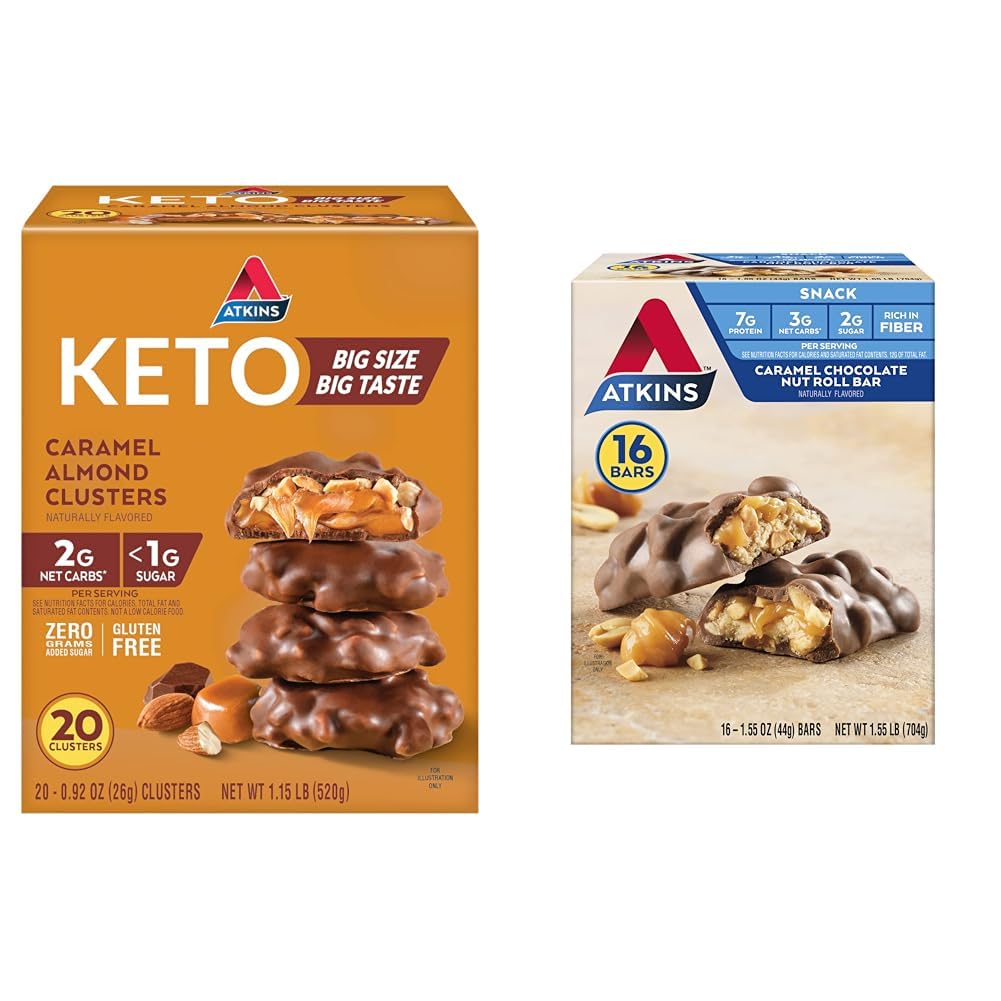 Atkins Caramel Mandel Clusters, Gluten Free, High in Fiber, 1g Sugar, 2g Net Carb, Keto Friendly, 20 Count & Caramel Chocolate Nut Roll Snack Bar, Protein Snack, High in Fiber, 2g Sugar, 16 Count