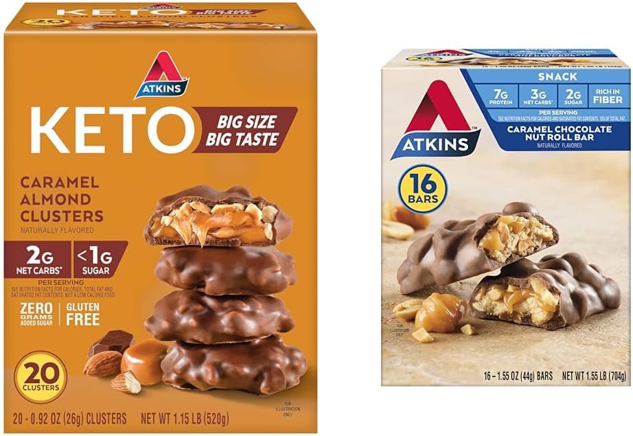 Atkins Caramel Mandel Clusters, Gluten Free, High in Fiber, 1g Sugar, 2g Net Carb, Keto Friendly, 20 Count & Caramel Chocolate Nut Roll Snack Bar, Protein Snack, High in Fiber, 2g Sugar, 16 Count