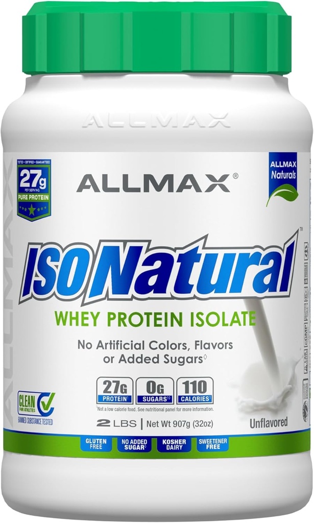 ALLMAX Nutrition ISONATUR Whey Protein Isolate, Unflavored - 2 LB - 27 Bedste Protein Per Scoop - Zero Fat & Sugar - 99% Lactose Free - med Prebiotics - Ingen kunstige Flavors - 31 Serveringer