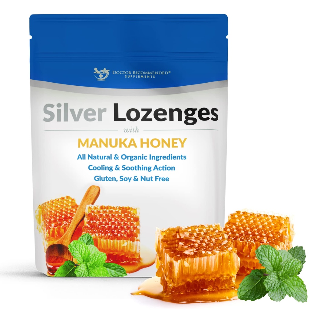 Sølv Lozenges med Organic Manuka honning og C-vitamin - All- Natural Nano Sølv 45- 50mcg af 60 PPM kolloide sølv mineralsk dråber til støtte immunsystem, Sothe, Cool Hough & Throat, 24-Lozenges