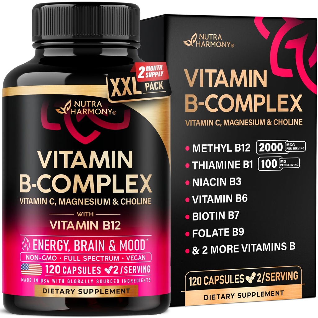 Vitamin B Complex for mænd og kvinder - Lavet i USA - B- Complex: B1, B2, B3, B5, B6, B7, B8, B9, B12 med C-vitamin, Cholin, Inositol - Energi, Brain & Heart Support Supplement, 120 Veganske kapsler
