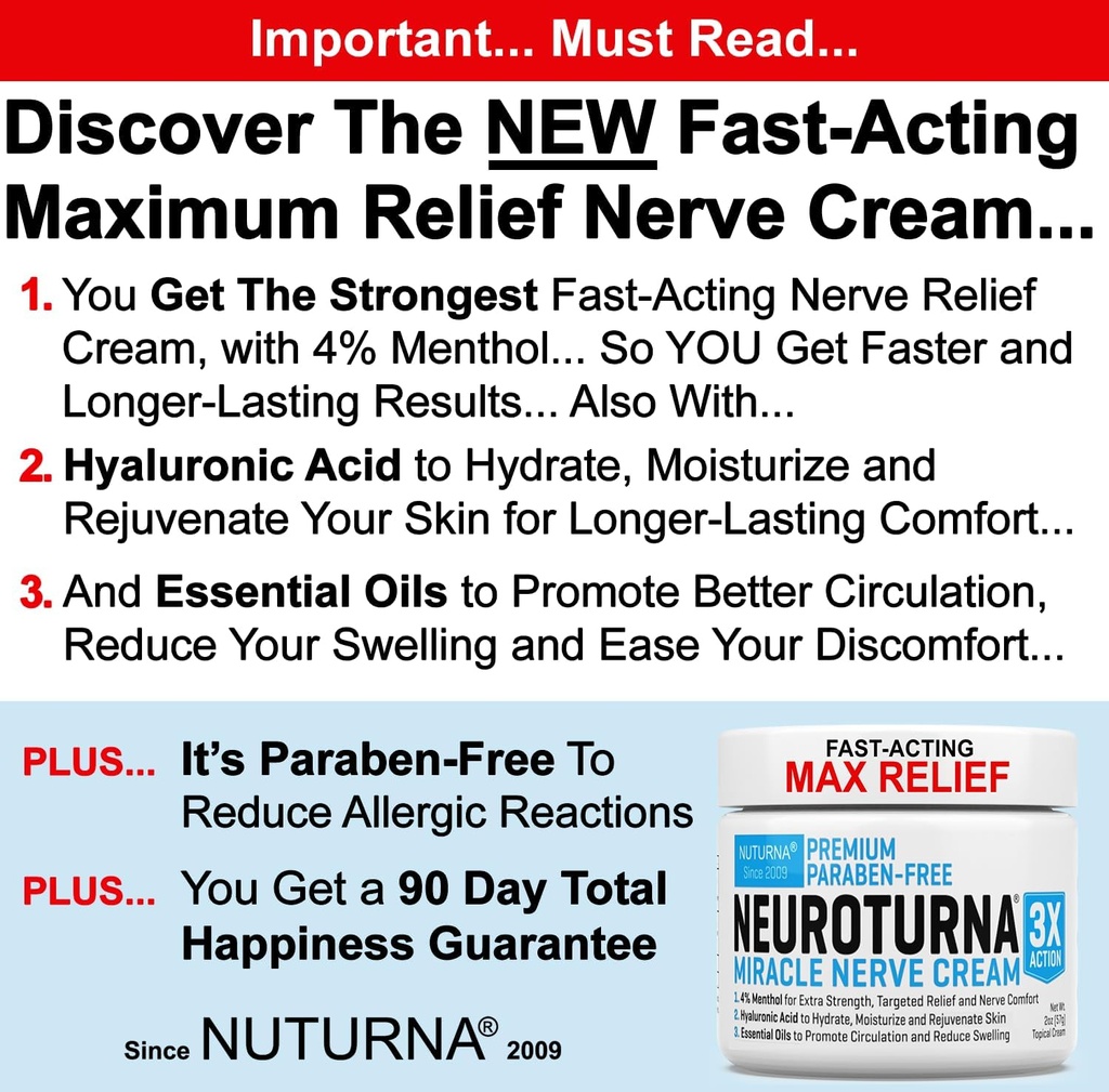 Nerve Relief Cream til neuropati - Premium Nerve Cream 3X Action for Targeted Relief and Nerve Comfort - Maksimal styrke med 4% menthol, Arnica, MSM for Feet Hands Legs Toes & Back - 2 Oz