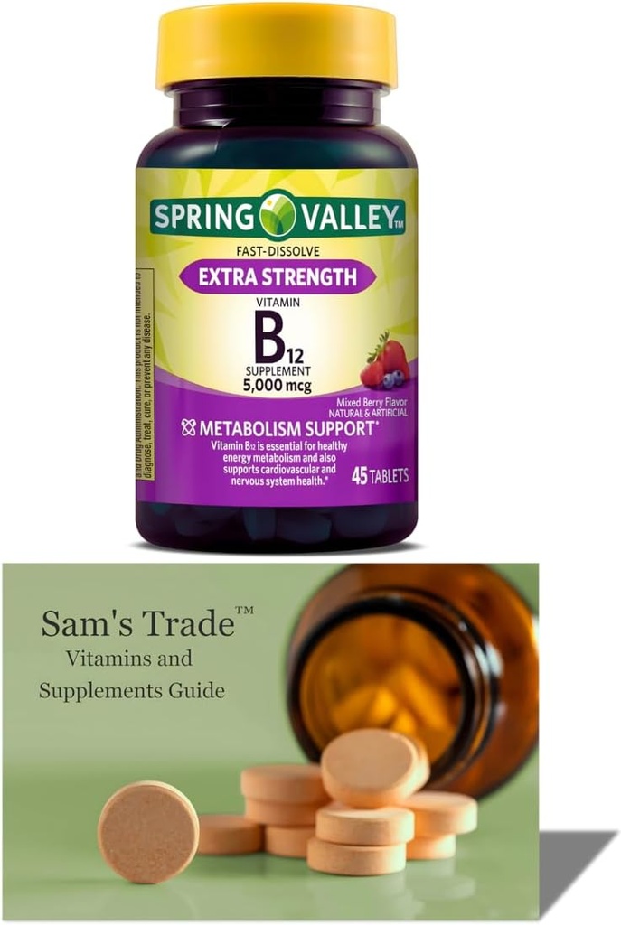 Forår Valley Vitamin B12 • 124; hurtig opløsning tabletter Kosttilskud • 124; Vitamin B12 5000 mcg • 124; B Vitamin • 124; Vitamin B12 - Complex for kvinder og mænd • 124; 45 tabletter • 124; blandet berry flavor + Sams T. Vitamin Guide