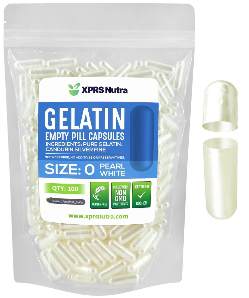 XPRS Nutra Size 0 Empty Capsules - 100 Count Empty Gelatin Capsules - Pills DIY Capsule Filling - Pure Bovine Pill Gel Caps for Do-It-Yourself Supplements (Pearl White)
