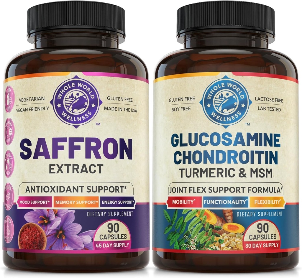Ren safran ekstrakt & avanceret fælles støtte bundle (én flaske hver). Understøtter Mood, Energy Boost, Metabolisk funktion, og fælles sundhed. USA Made.