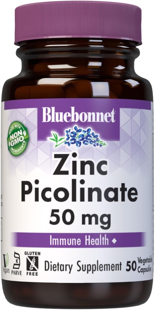 Bluebonnet Nutrition Zinkpicolinat, Hormonal & Immunation, Prostate Health, Hud, Vegan, Non GMO, Gluten, Soy & Milk Free, Kosher, Hvid, 50 Greve