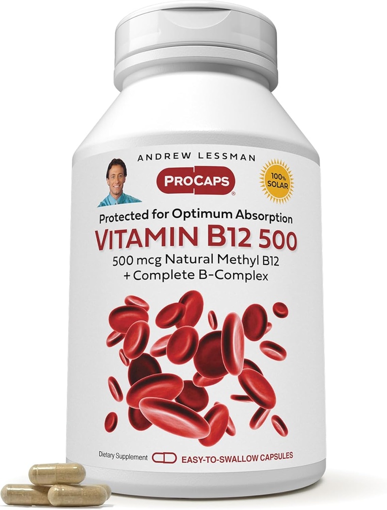 ANDREW LSSMAN Vitamin B12 500 360 Kapsler - Absorption- Protected Methylcobalamin (Natural Coenzym Vitamin B12), Essential for Energy and Stress Support, Plus B- Complex, Let at synke kapsler