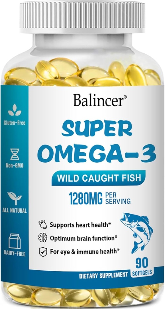 Omega 3 Fish Oil Kosttilskud, 1280 mg Omega-3 Fedtsyrer, herunder EPA og DHA, Wild- fanget Burpless Fish Oil Kosttilskud understøtter hjerte, hjerne og øje sundhed, 90 Softgels