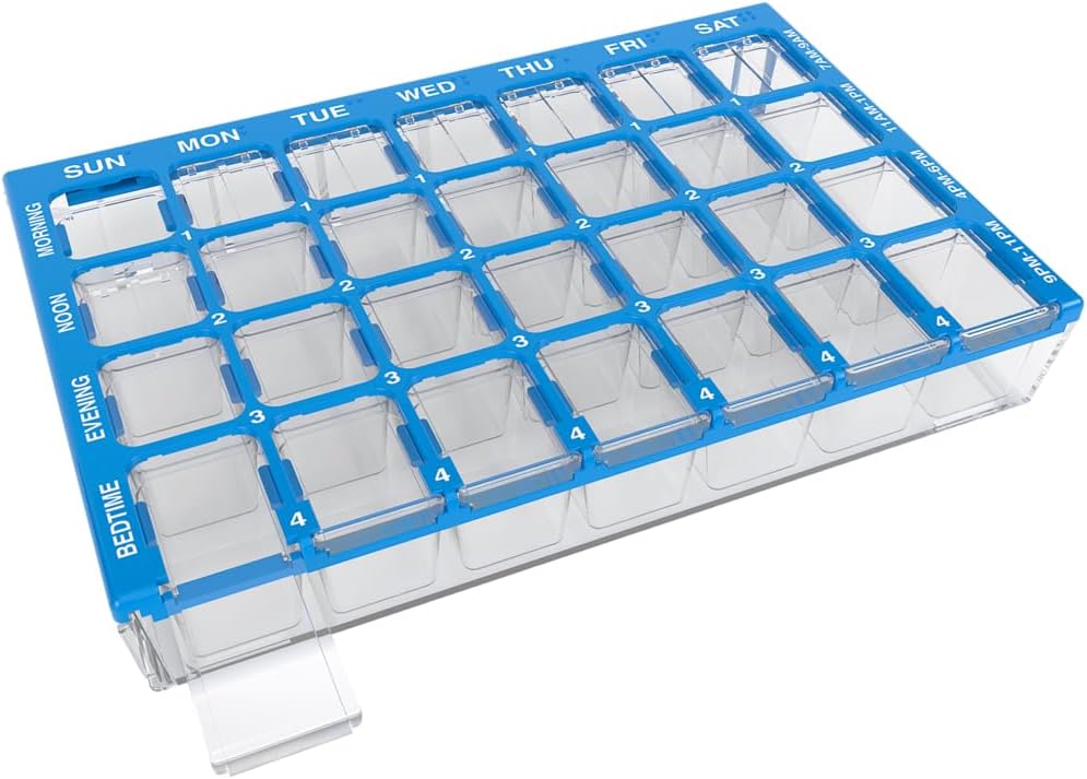 EZY DOSE Pill Organizer Weekly (7-dag), Medicine Planner, Vitamin Box, små afdelinger med let fyld bakke sag, 4 gange om dagen, Let at bruge Containers, Clear Lids, Blå, BPA Free