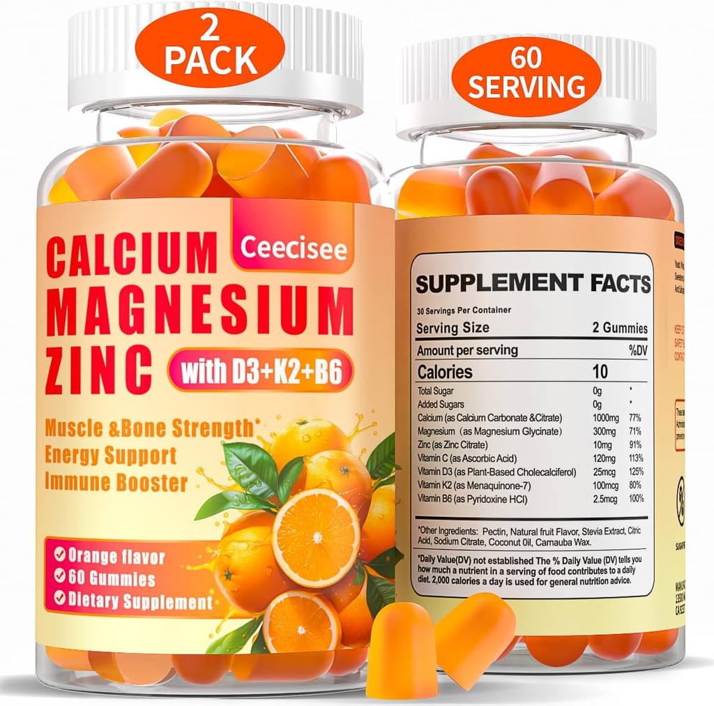 Calcium Magnesium Zinc Gummies with D3 &B6 &K2,1000mg Calcium Gummies with 300mg Magnesium Support Immune Energy for Adults and Teens,Sugar Free(120Count)