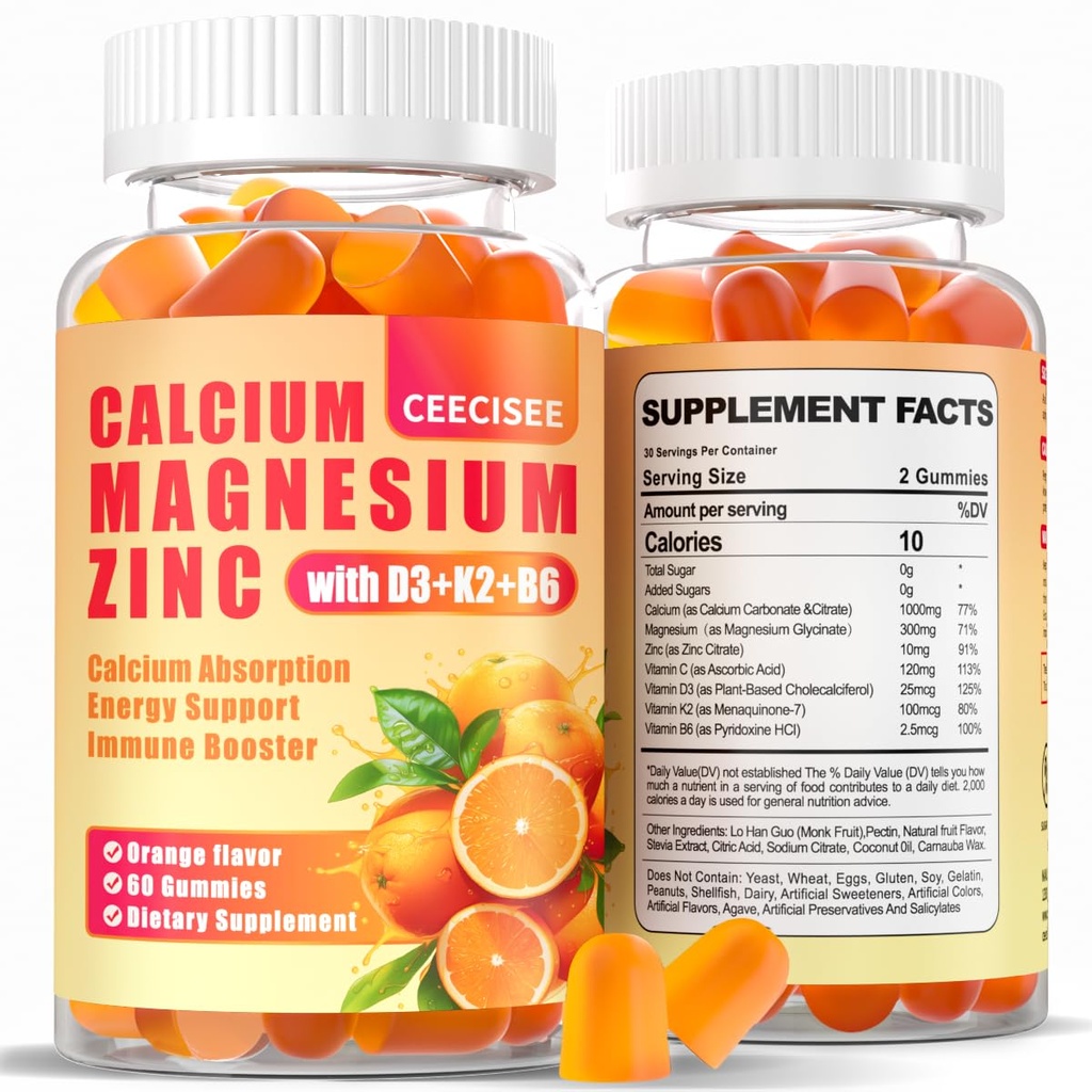 Calcium Magnesium Zinkgummier med D3 & B6 & K2.1000mg Calcium gummier med 300mg Magnesium Support immunenergi til voksne og teenagere, sukkerfri (120Count)