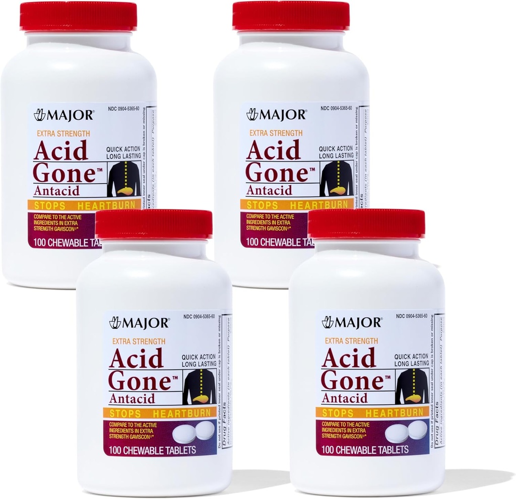 Større syre Gone Extra Strength Antacida Chewable Tablets - Anti- Acid Relief - Acid Reflux Medicin for voksne - Opsat Mave, Syre fordøjelsesbesvær, og Heartburn Relief - Long- Lasting - 100- Count (4 Pack)