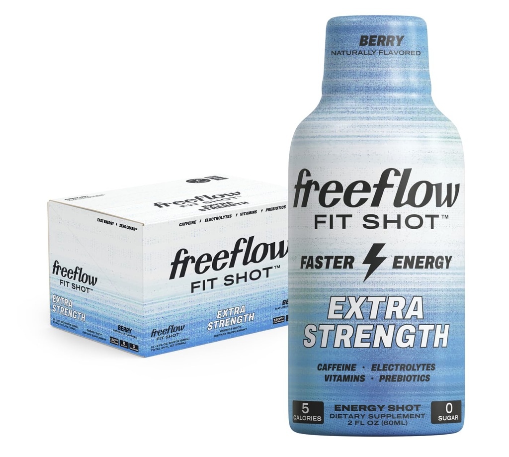 Freeflow Fit, Extra Strength Energy Shot, Berry (2 Ounce Shot, Pack of 12) - 150mg af koffein Per Shot, Zero Calorie, Zero Sugar Energy Shot...