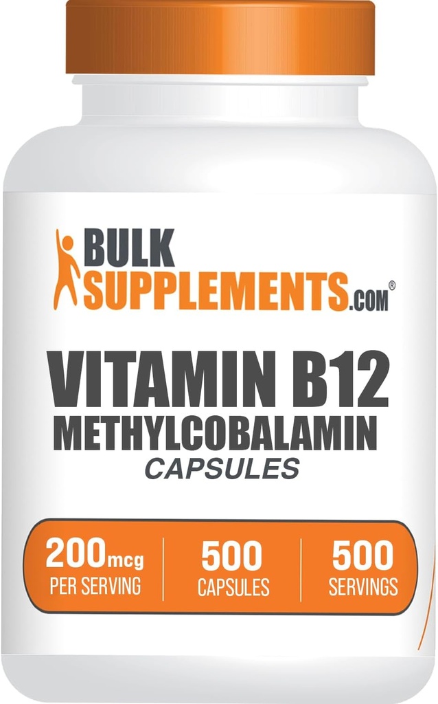 BulkSupplements.com Vitamin B12 Methylcobalamin kapsler - B12 Vitamin Supplement, B12 200mcg, for Energy Support - Gluten Free, 1 Kapsel per servering, 500 Kapsler (pakke med 1)