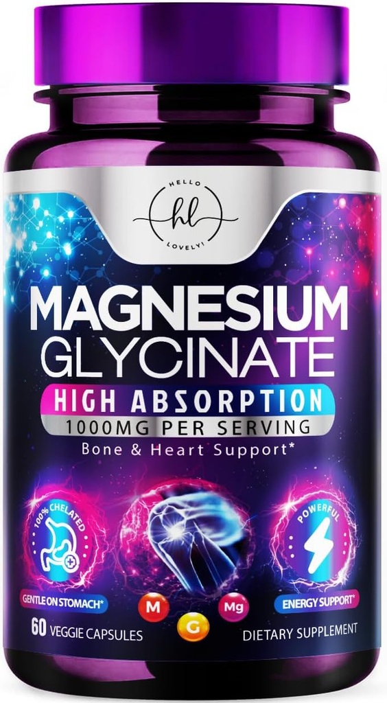 Magnesium Glycinate 1000mg - Høj Absorption & Chelated to Support Bone, Muscle, Nerves & Heart Health - Natural Sleep & Stress Support Women & Men - Vegan, Gluten & Soy Free, Non- GMO - 60 Kapsler