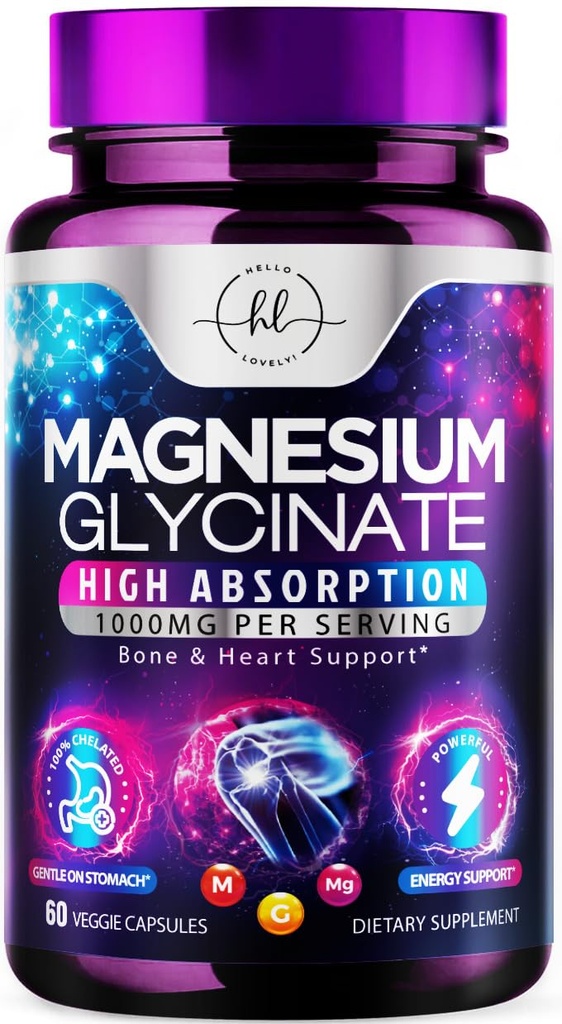 Magnesium Glycinate 1000mg - Høj Absorption & Chelated to Support Bone, Muscle, Nerves & Heart Health - Natural Sleep & Stress Support Women & Men - Vegan, Gluten & Soy Free, Non- GMO - 60 Kapsler