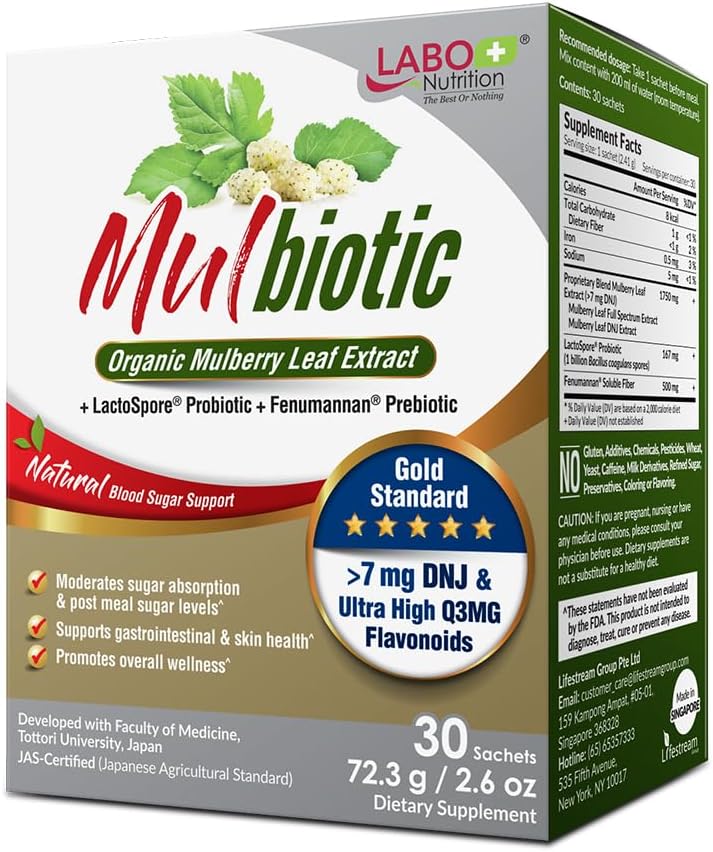 LABO Nutrition Mulbiotic, Organic Mulberry Leaf Extract + LactoSpore Probiotic & Fenumannan Prebiotic, for Carb Cravings Support, Vegetarian, Non-GMO