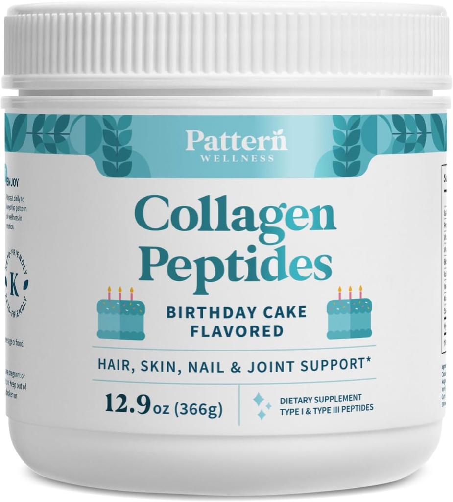 Mønster Wellness Collagen Peptider Powder (Type I & III) - Hår, negle, Hud og fælles sundhed - Græs Fed & Pasture Raised - Hydrolyzed Collagen, Non- GMO, Dairy Free, & Keto - Fødselsdagskage (13 Oz)