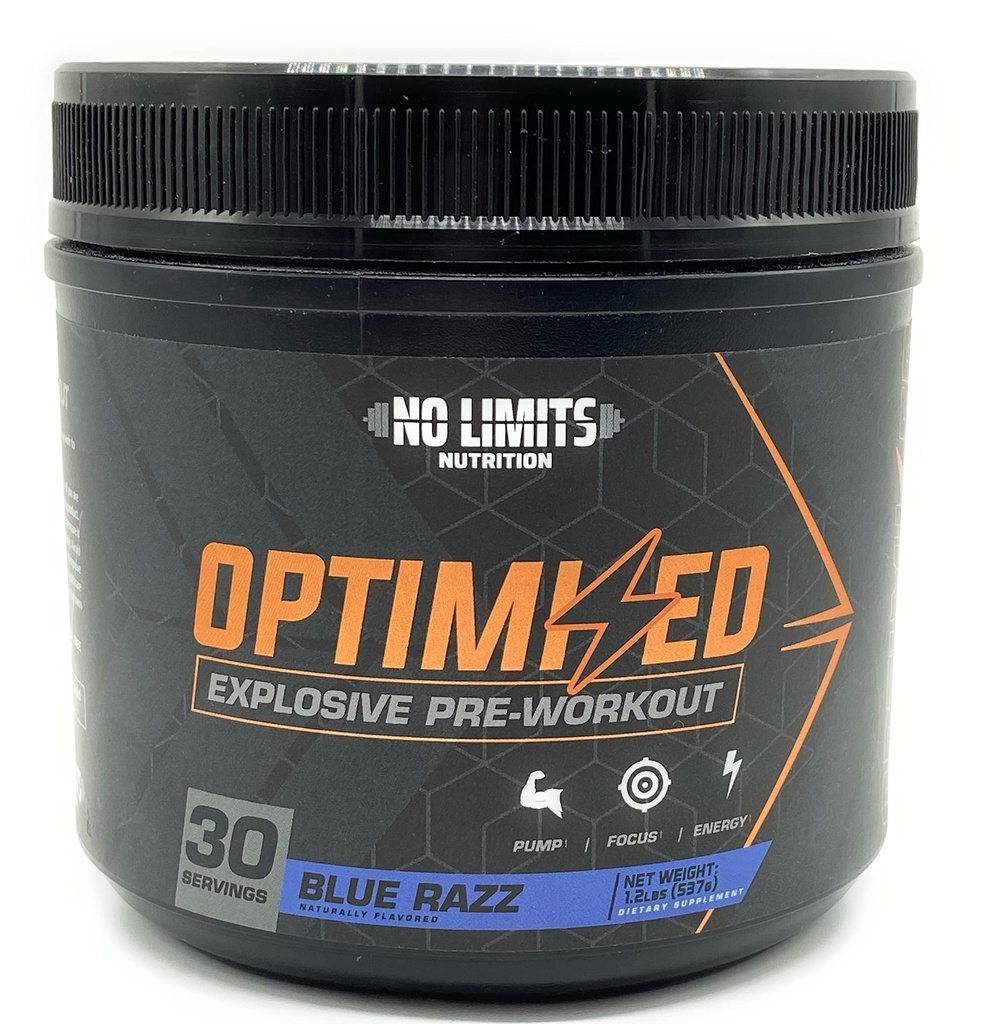 "Optimeret" Blue Razz Pre- Workout Pulver / Massive Pumper / Øge Muskelmasse, Styrke & Focus / Beta alanine + L- Citrulin + Betain Vandfri + Creatin + Koffein + Koffein Vandfri / 30 Servering