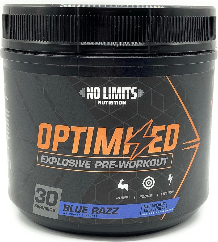 "Optimeret" Blue Razz Pre- Workout Pulver / Massive Pumper / Øge Muskelmasse, Styrke & Focus / Beta alanine + L- Citrulin + Betain Vandfri + Creatin + Koffein + Koffein Vandfri / 30 Servering