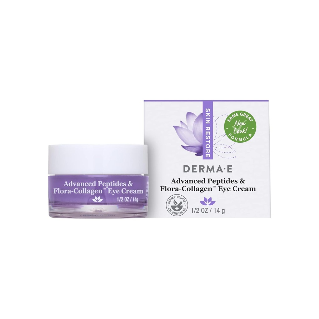 Derma E Advanced Peptider og Vegansk Flora- Collagen Eye Cream - Dobbelt Action Collagen Eye Cream med Peptid Complex - opsætning og hydrering under øjenbehandling - All Natural Moisturizer Cream, 0.5oz