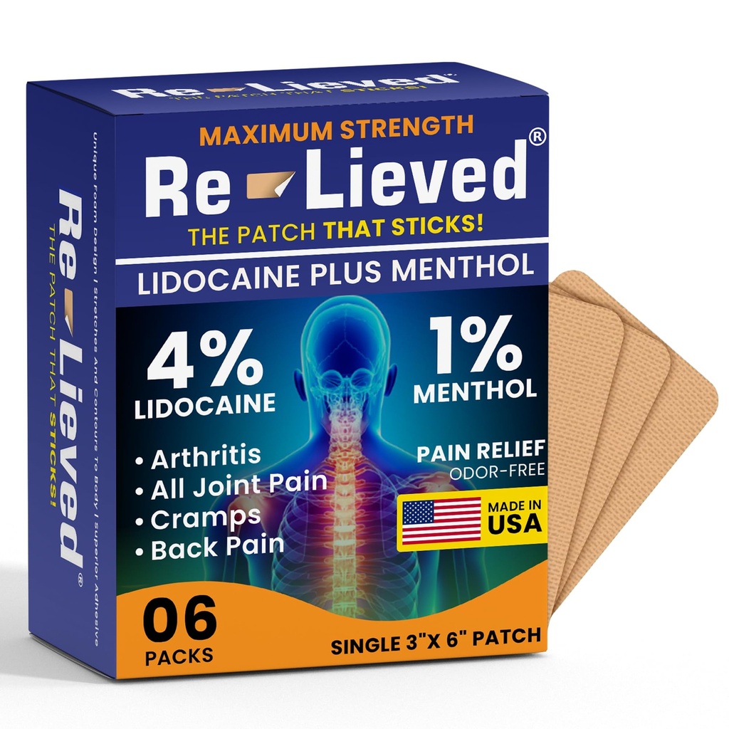 Genlevet 4% Lidocain Patches med menthol - Maksimal styrke smertelindring for ryg, Knæ- og muskelsmerter - Fastvirkende Medicin Patches - Made in USA - 6 Greve