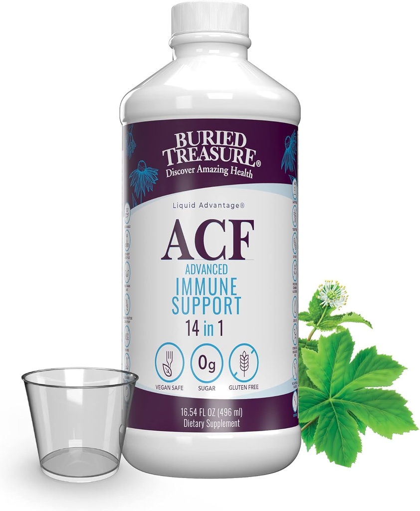 Begravet skat ACF immunforsvar - 16 oz, 16 Servering, C-vitamin, hyldebær, zink, flydende immunbooster med vitaminer og mineraler w / dosis Cup