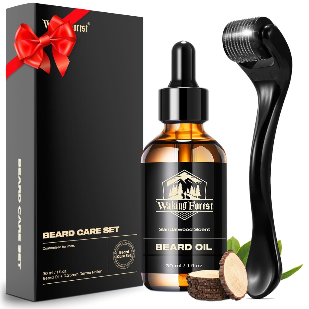 Waking Forest Derma Roller 0,25mm & Beard Oil (1oz), Sandalwood Beard Kit, Mikroneedle Beard Roller med 540 Titanium, Natural Moisturize med Vitamin E Beard Oil for Mænd, Fædre Kæreste Far