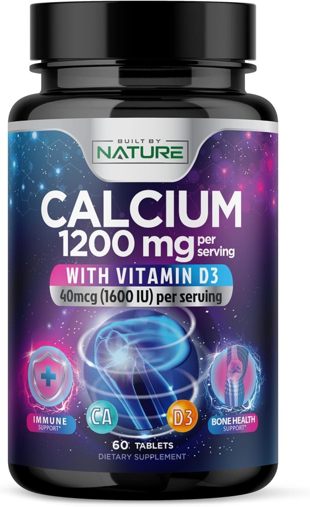 Calcium 1200mg med D3- vitamin til bedste absorption - Avanceret knogletilskud, 1200 mg Calciumcarbonat & 1600 IE D3- vitamin, langsom frigivelse til immunforsvar, let at synke, 60 tabletter
