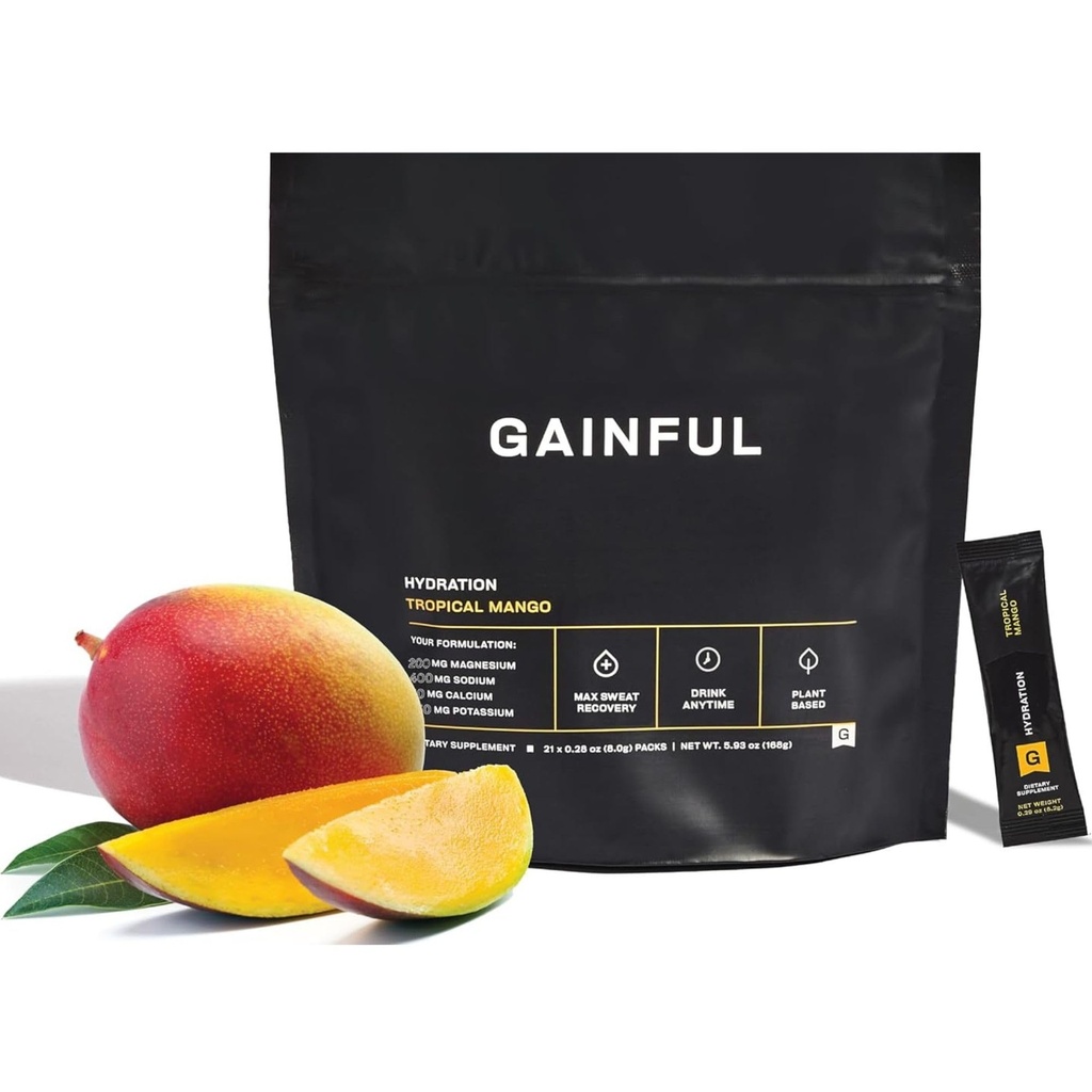 Gainful hydrering pulver pakker, koffein fri med nøgle elektrolyter Magnesium og natrium, energistøtte, lavt sukker, tropisk mango, 21 sticks