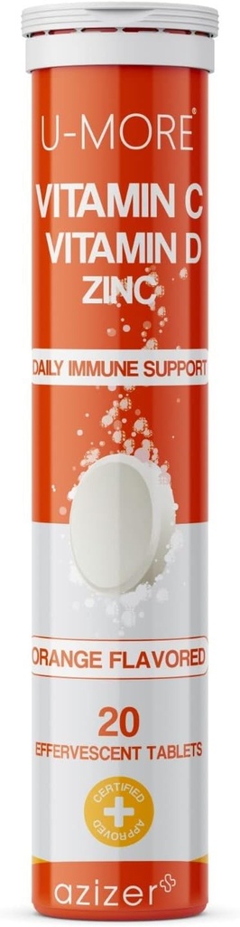 U- MERE vitamin C 1000mg & Zink + D-vitamin, 20 effervescent tabletter, orange flavor, immunforsvar supplement, hurtig opløsning, øger immunsystemet, understøtter sund hud, hår og negle