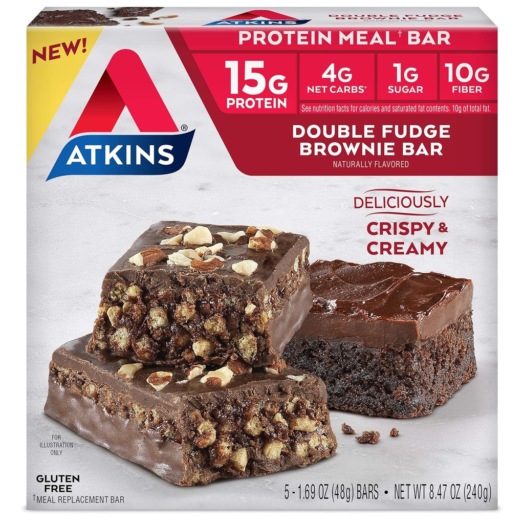Atkins Dobbelt Fudge Brownie Protein Meal Bar, High Fiber, 15g Protein, 1g Sukker, 4g Net Carb, Meal Erstatning, Keto Friendly