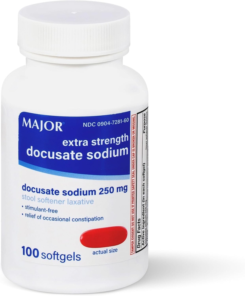 MAJOR Docusat Natrium 250 mg, Extra Strength Smeltener Laxative for Occasional Constipation Relief - Stimulant Medical Free, 100 Softgels (1 pakke)